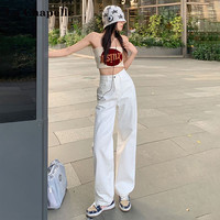 拉夏贝尔卡其韩版牛仔裤女装春秋高腰垂感显瘦百搭休闲直筒裤 M