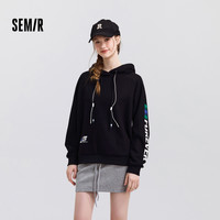 森马 Semir永久联名卫衣女加绒插肩袖宽松冬季潮酷字母印花连帽上衣个性 A款-松石绿 XS