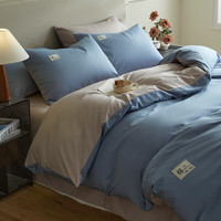 红豆全棉四件套纯棉被套200x230cm裸睡亲肤床单被套床上四件套床笠款3 天空蓝+山灰-精梳全棉 适合裸睡 1.8m床笠款四件套-被套200*230