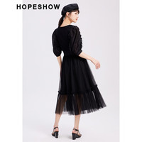 红袖夏季女装 宽腰头压褶网纱半身裙 黑050 M