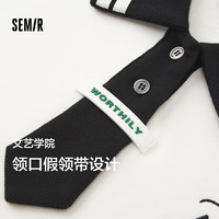 森马 Semir卫衣女polo领字母文艺学院风冬季宽松撞色加绒套头衫气质 白黑色调00419 170/92A/XL