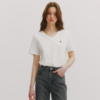 【100%棉】Eland衣恋V领短袖T恤女LOGO刺绣直筒显瘦上衣夏 象牙白/白色(39)Ivory S/160