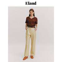 【100%棉】Eland衣恋V领短袖T恤女LOGO刺绣直筒显瘦上衣夏 象牙白/白色(39)Ivory XS/155