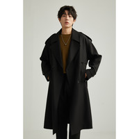 【储格】2025风衣男中长款春秋季上衣设计高级感猎装系带外套 黑色 M