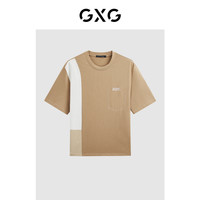 GXG男装2024年夏季撞色拼接字母绣花宽松休闲短袖t恤男 190/XXXL 卡其色