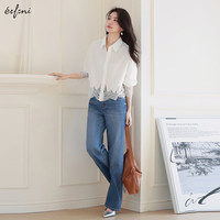 伊芙丽（eifini）伊芙丽重工蕾丝镂空设计感正肩衬衫女2025春季通勤百搭上衣 本白色  S 80-105斤