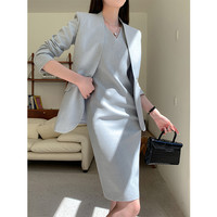 灰色西装外套女气质名媛高级感正装连衣裙正式场合休闲小西服套裙 灰色小西装+连衣裙【不含腰带】 L