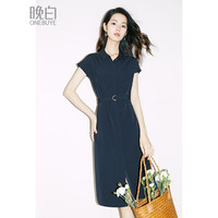 晚白【直降】薄荷曼波时尚减龄气质高腰纯色连衣裙 藏蓝色 M