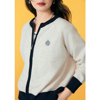 Basic House/百家好撞色短款毛衣外套女春季慵懒风双拉链针织开衫 杏仁白 XL