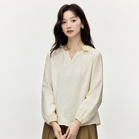 茵曼（INMAN）纯棉法式立体花朵衬衫女2025春季气质通勤简约舒适衬衣 浅杏色 XL