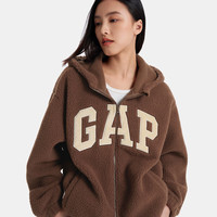 GAP女装2024秋冬贴布绣logo仿羊羔绒连帽卫衣加厚外套600757 棕色 S (160/80A亚洲尺码)