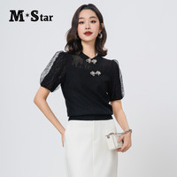 M-star明星系列夏季新中式网纱套头两件套泡泡袖针织上衣女 珍珠白 L
