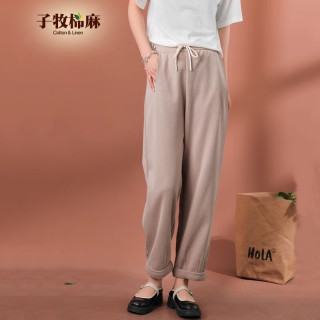 子牧棉麻 女士休闲裤3588 奶茶色 M (建议95-105斤)