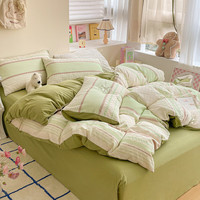 无印良品A类全棉双层纱被套单人150x200单件100%纯棉被罩200x230cm四件套 Y简希-绿【A类全棉双层纱】 1.8m床笠款四件套-被套200*230cm