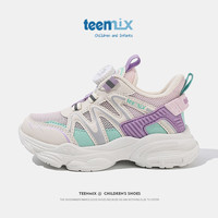 天美意童鞋女童老爹鞋2024春夏季透气网面鞋纽扣运动跑步鞋子中大童 粉色(镂空) 36