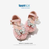 天美意女童公主鞋2024春季水晶鞋洋气宝宝演出单鞋儿童百搭小皮鞋 粉色 37