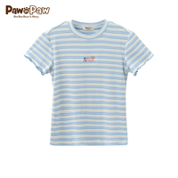 PawinPaw卡通小熊童装2024年夏季女童条纹印花短袖针织T恤 Blue蓝色/50 150 cm