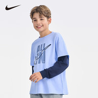 NIKE 耐克童装男女纯棉长袖t恤假两件儿童长t打底衫 石南蓝 160 /80 【身高158-170cm】