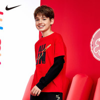 NIKE 耐克童装男女纯棉长袖t恤假两件儿童长t打底衫 学院红 160 /80 【身高158-170cm】