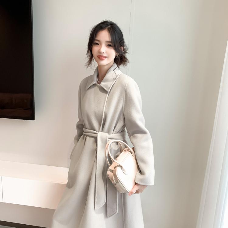 诗凡黎绵羊毛黑色翻驳领毛呢外套赫本风长款山羊绒双面呢