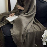 南极人全棉针织苏流毯子沙发盖毯高级感办公室午睡装饰毛毯复古客厅日式 皱皱流苏毯-黑茶 130x170cm