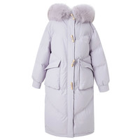 三彩2024冬季长款羽绒服狐狸毛领白鸭绒保暖外套宽松休闲女 淡紫色 M 160/84A