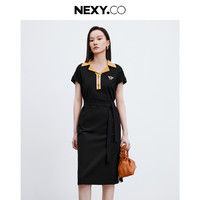 奈蔻 NEXY.CO 春夏通勤西装领撞色短袖中长款小黑裙