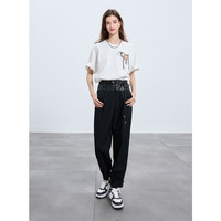 三彩2025春季PU皮质拼接休闲裤设计感长裤萝卜锥形裤女 黑色 XL