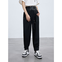 三彩2025春季PU皮质拼接休闲裤设计感长裤萝卜锥形裤女 黑色 XS