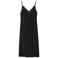 三彩2025春季丝绒吊带裙拼接无袖连衣裙开叉长裙摩登女 经典黑 XL