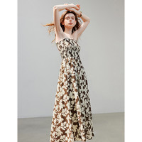 初语度假风印花打揽连衣裙女2025夏季打揽吊带裙复古水墨裙 白咖花 M