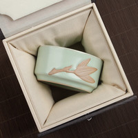 真迹陶瓷主人杯大容量罗汉杯汝窑喝茶杯子单杯家用锦盒装喝茶杯子 汝窑天青竹节杯-锦盒装