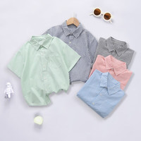 LULUIRON儿童条纹全棉短袖衬衫马卡龙色系中大通男女童装 橘色 140