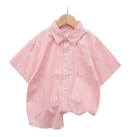 LULUIRON儿童条纹全棉短袖衬衫马卡龙色系中大通男女童装 橘色 130