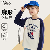 迪士尼（Disney）童装儿童长袖T恤圆领上衣女孩时尚插肩纯棉男童秋装打底衫 迪滑板米奇藏青 150