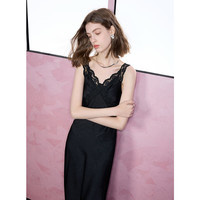 三彩2025春季优雅蕾丝吊带裙连衣裙V领收腰性感女 经典黑发 L 165/88A