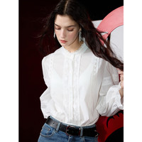 三彩2025春季纯棉白衬衫花边拼接立领泡泡袖小衫法式宫廷风S 珍珠白 L
