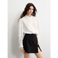 三彩2025春季纯棉白衬衫花边拼接立领泡泡袖小衫法式宫廷风S 珍珠白 M