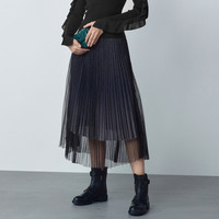 sdeer圣迪奥2022女装优雅松紧渐变百褶网纱不规则通勤黑色休闲长裙 深群青/83 M/165