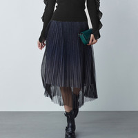 sdeer圣迪奥2022女装优雅松紧渐变百褶网纱不规则通勤黑色休闲长裙 深群青/83 XL/175