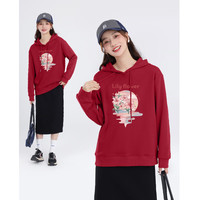 回力连帽卫衣女2025春季亲肤舒适贺岁新年红本命年百搭上衣外套 车厘子红-百合花丛 L