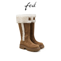fed毛毛长靴春季女靴高筒雪地靴复古保暖时装靴女D1228-YA018 39