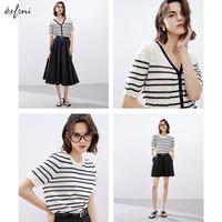 伊芙丽圆领条纹撞色亚麻针织衫短袖女2024夏装高级感小上衣 藏青 V领 155/80A/S