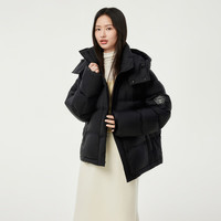 坦博尔 羽绒服女宽松短款小个子秋冬可脱卸帽秋冬泡芙保暖外套TBF550388T 黑色 155/80A