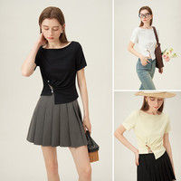 范思蓝恩夏季小众设计感修身扭结T恤女夏显瘦短款一字领t恤修身夏 奶霜黄 XL