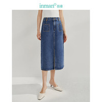 茵曼（INMAN）牛仔开衩半身裙2025春高腰显瘦A型复古洗水小个子中长裙子 牛仔蓝 L