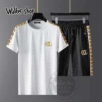 奥卡索 Walker Shop 高端品牌运动套装男夏季休闲短袖短裤潮牌薄款两件套 白衣黑裤 L