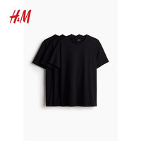 H&M男装T恤3件装柔软标准版型简约圆领短袖上衣0945531 黑色 XL 180/116