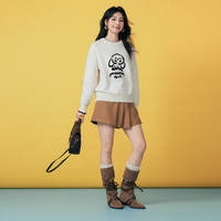 Basic House/百家好春季韩系卡通半高圆领插肩袖宽松针织毛衣 米白色 L