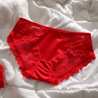 浪莎大红女士内裤女本命年蕾丝3条纯欲风新娘结婚性感纯棉裆三角短裤 M （80-100斤）